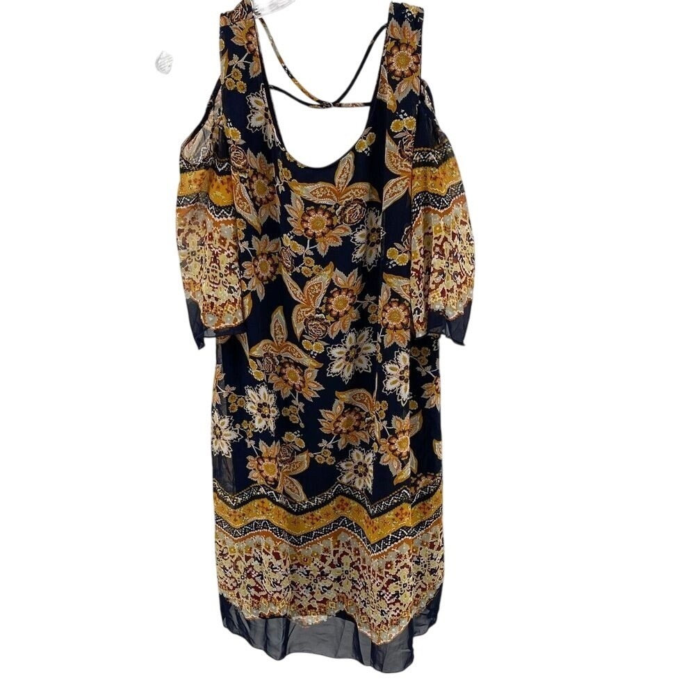 Enfocus Petite Women 12P Cold Shoulder Floral Paisley Shift Dress Navy Blue Boho